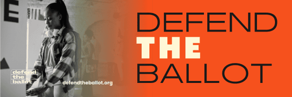 Young person wearing headphones at a polling station, with text "Defend the Ballot" and a website link.