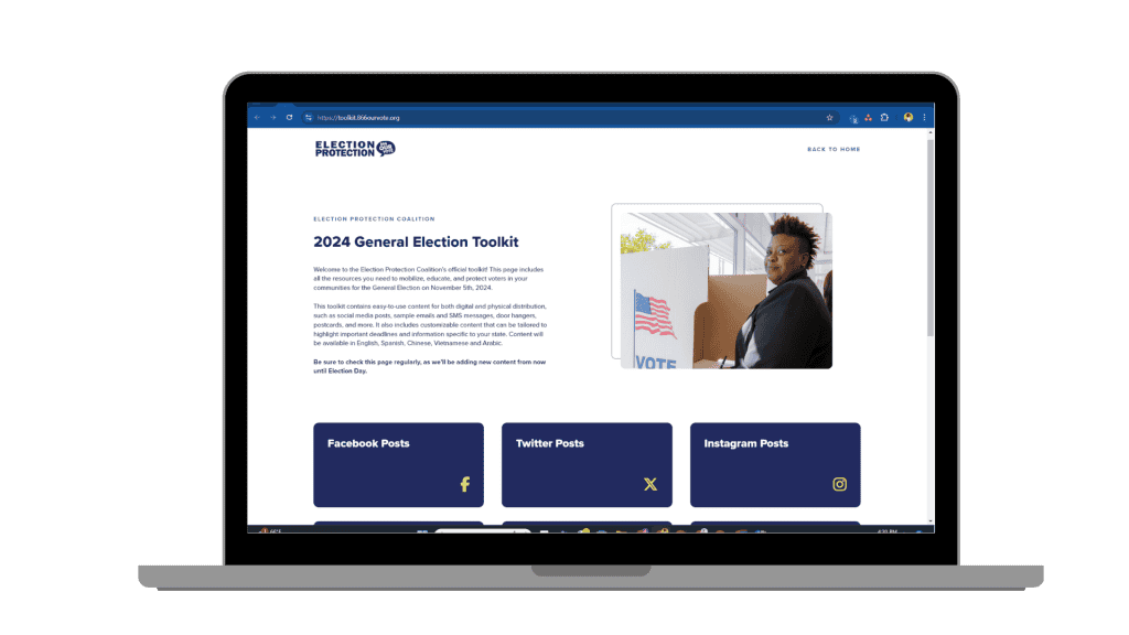 A laptop screen displays a webpage titled "2024 General Election Toolkit" with social media post options and an image of a person near a voting booth.