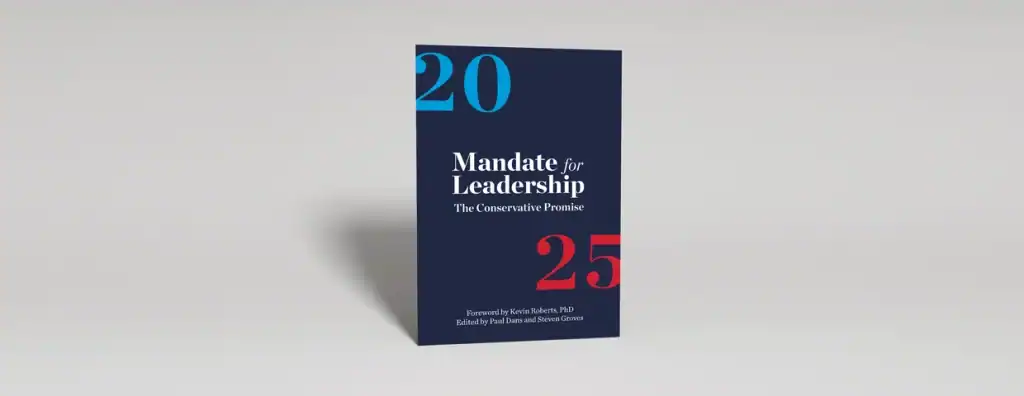A book titled "Mandate for Leadership: The Conservative Promise" with large blue "20" and red "25" on a dark cover, standing upright against a light gray background.