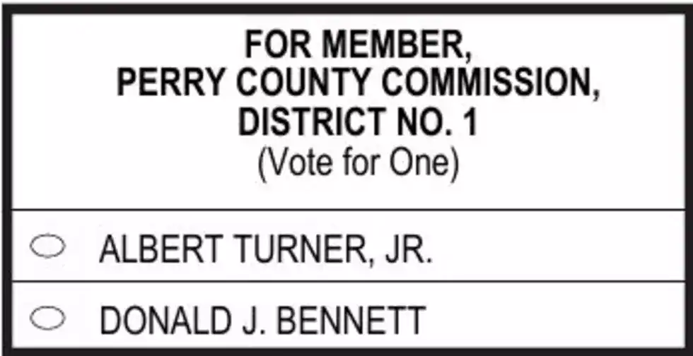 Ballot section for Perry County Commission District No. 1 member selection with options to vote for Albert Turner, Jr. or Donald J. Bennett.